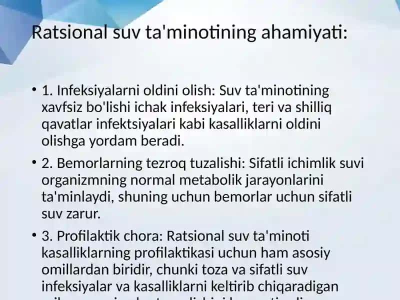 DPM da ratsional suv ta'minotining ahamiyati. Ichimlik suvining sifatini yaxshilashning zamonaviy us 4