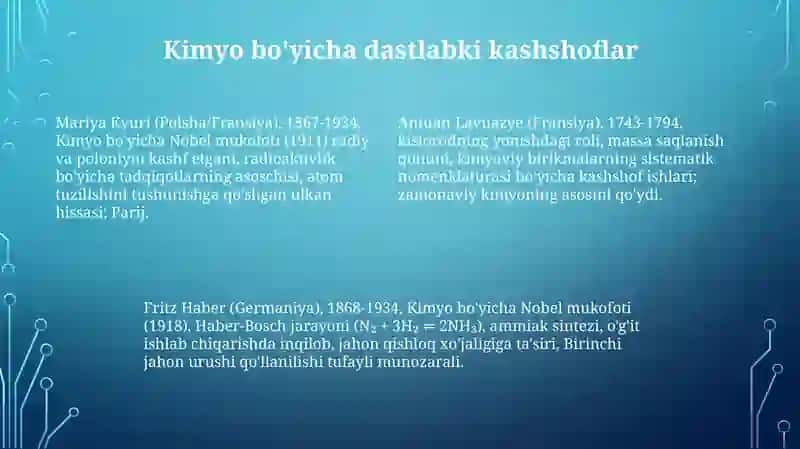 Kimyo sohasidagi nobel mukofoti sovrindorlari va yutuqlari 4