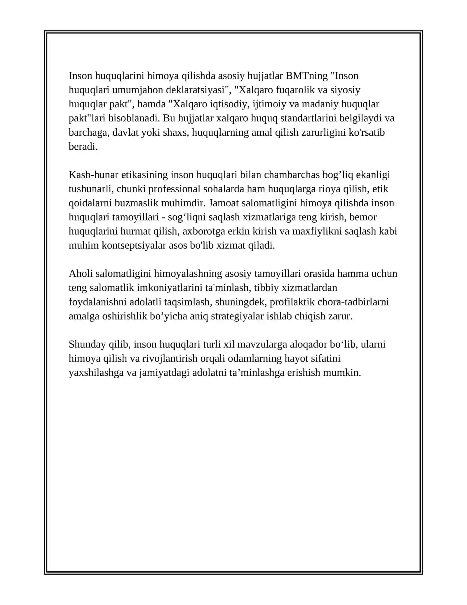 INSON HUQUQLARI VA ETIKA. KASB-HUNAR  ETIKASI. AHOLI SALOMATLIGINIHIMOYALASHNING ASOSIY TAMOYILLARI 4