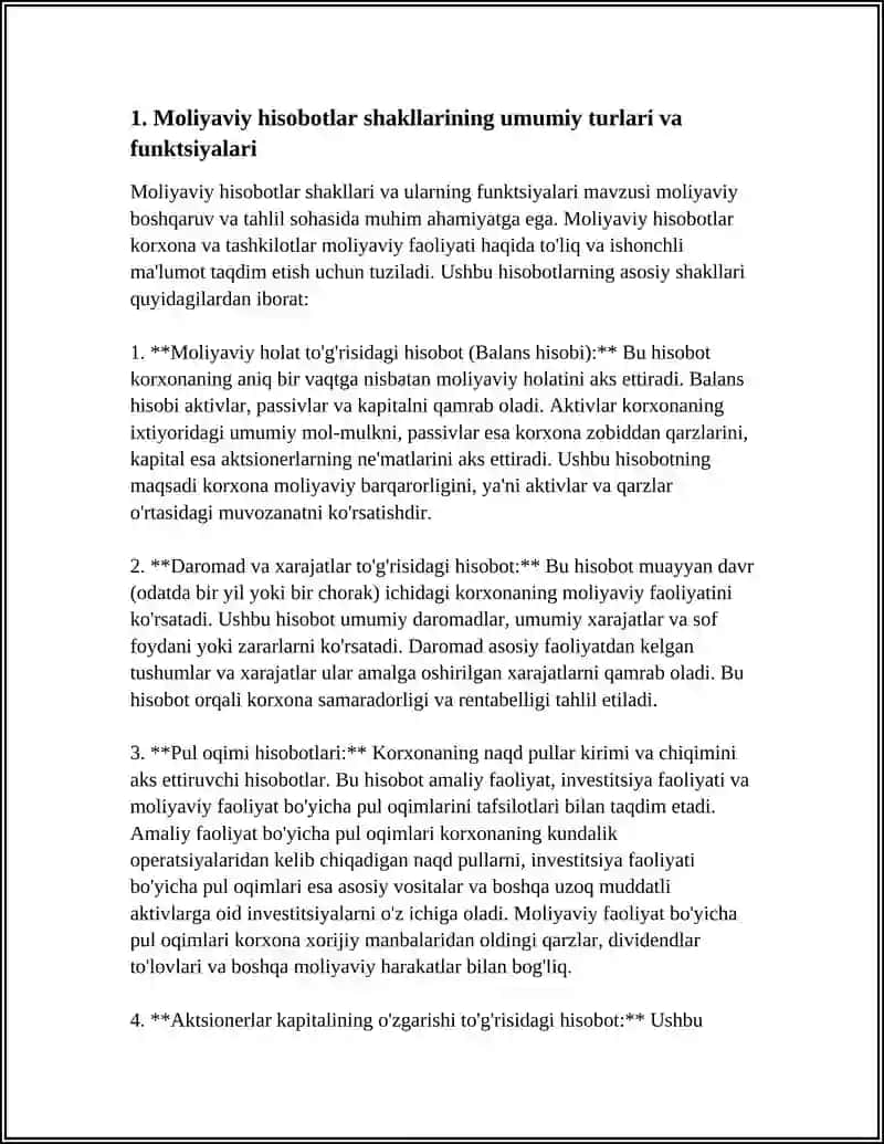 MOLIYAVIY HISOBOTLAR SHAKLLARI VAULARNING TAVSIFI. JAMLANGAN MOLIYAVIYHISOBOTLAR VA ULARNI TAHLIL ETISH 4