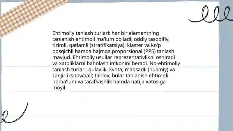 Tanlanmaning reprezentativligi va uni hosil qilish usullari 4