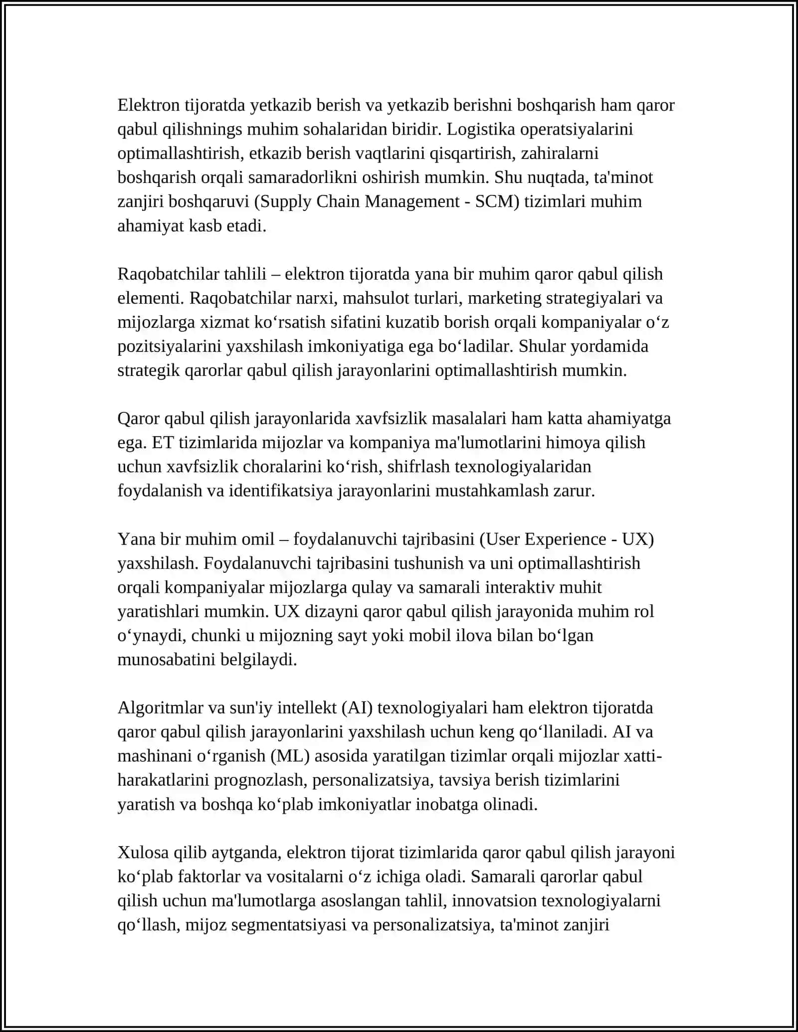 ELEKTRON TIJORAT TIZIMLARIDA QAROR QABUL QILISH JARAYONINI QO’LLAB-QUVVATLASH TIZIMLARI 4