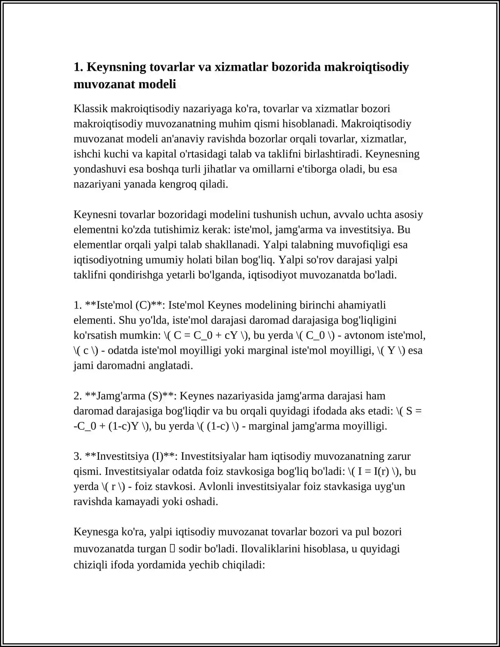 KEYNSNING TOVARLAR VA XIZMATLAR BOZORIDA MAKROIQTISODIY MUVOZANAT MODELI 4