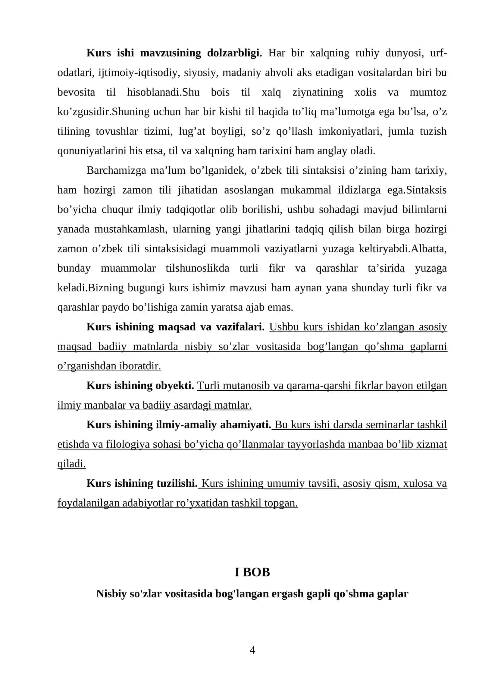 "Badiiy matnda nisbiy soʻzlar vositasida bogʻlangan qoʻshma gaplar" kurs ishi 4