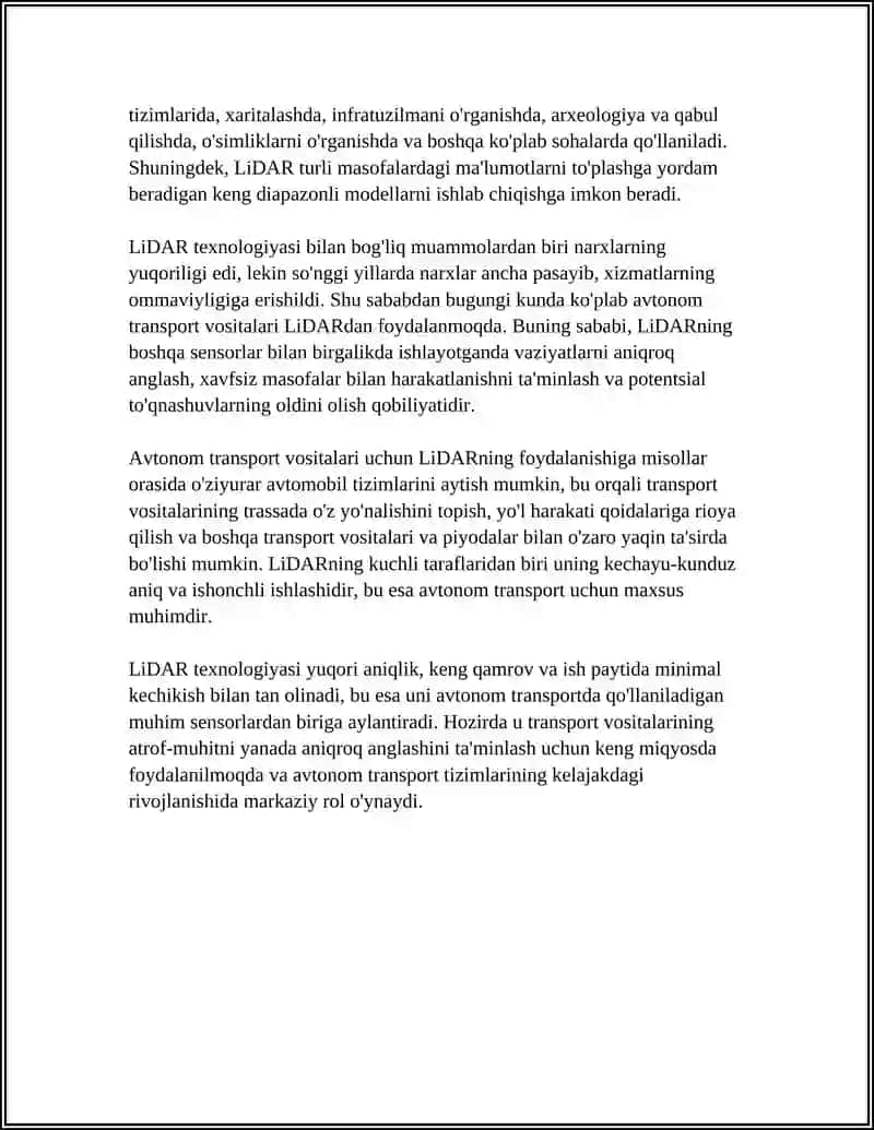 AVFTONOM TRANSPORT UCHUN ZARUR SENSORLAR LIDAR, RADAR, KAMERA 4