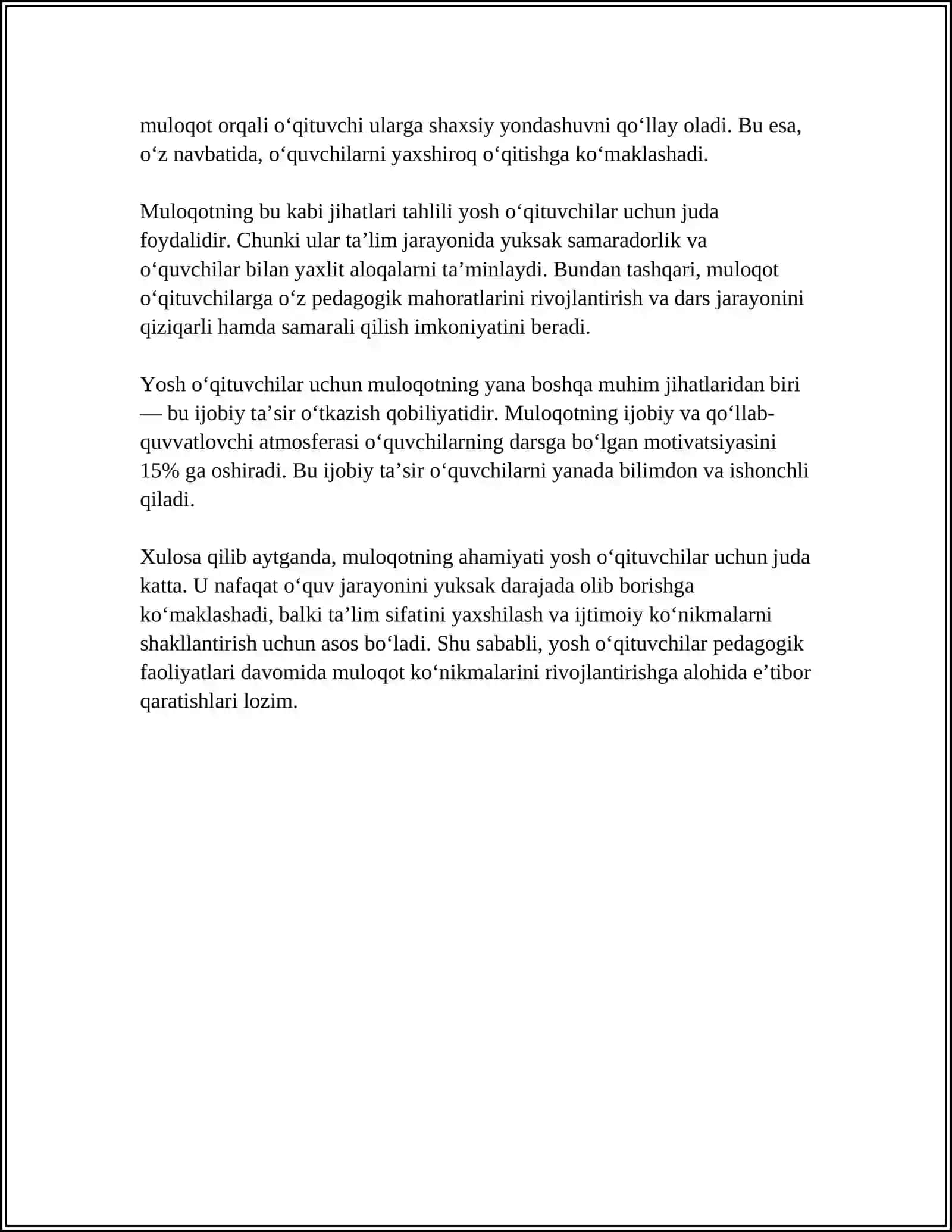 YOSH O'QITUVCHINING PEDAGOGIK MAHORATINI TAKOMILLASHTIRISHDA MULOQOTNING AHAMIYATI 4