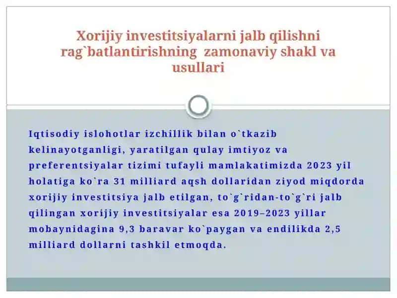 Kichik biznes va xususiy tadbirkorlikga xorijiy investitsiyalarni jalb qilish 4
