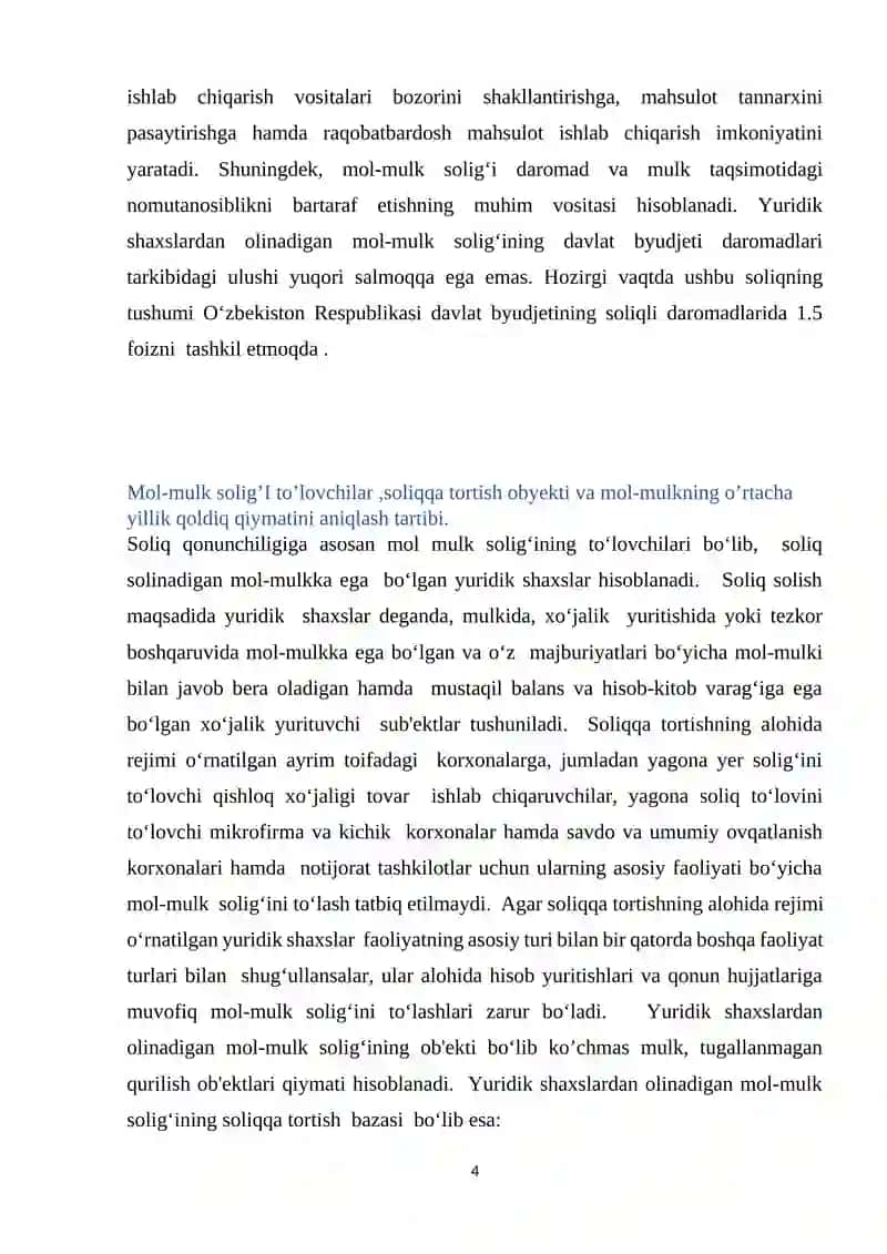 Mol mulk va mulkiy daromadlarga soliq solish .Tadbirkorlik subʼektlarini soliqqa tortish  mexanizmi. 4