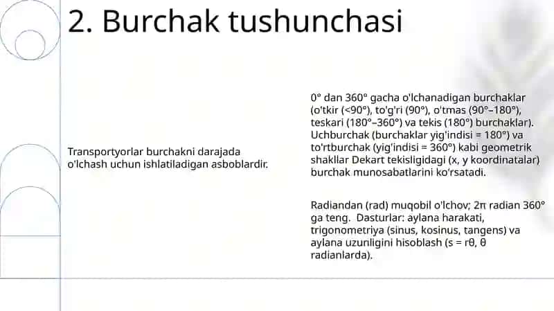 Burchak òlchovlari turlari òrganish 4