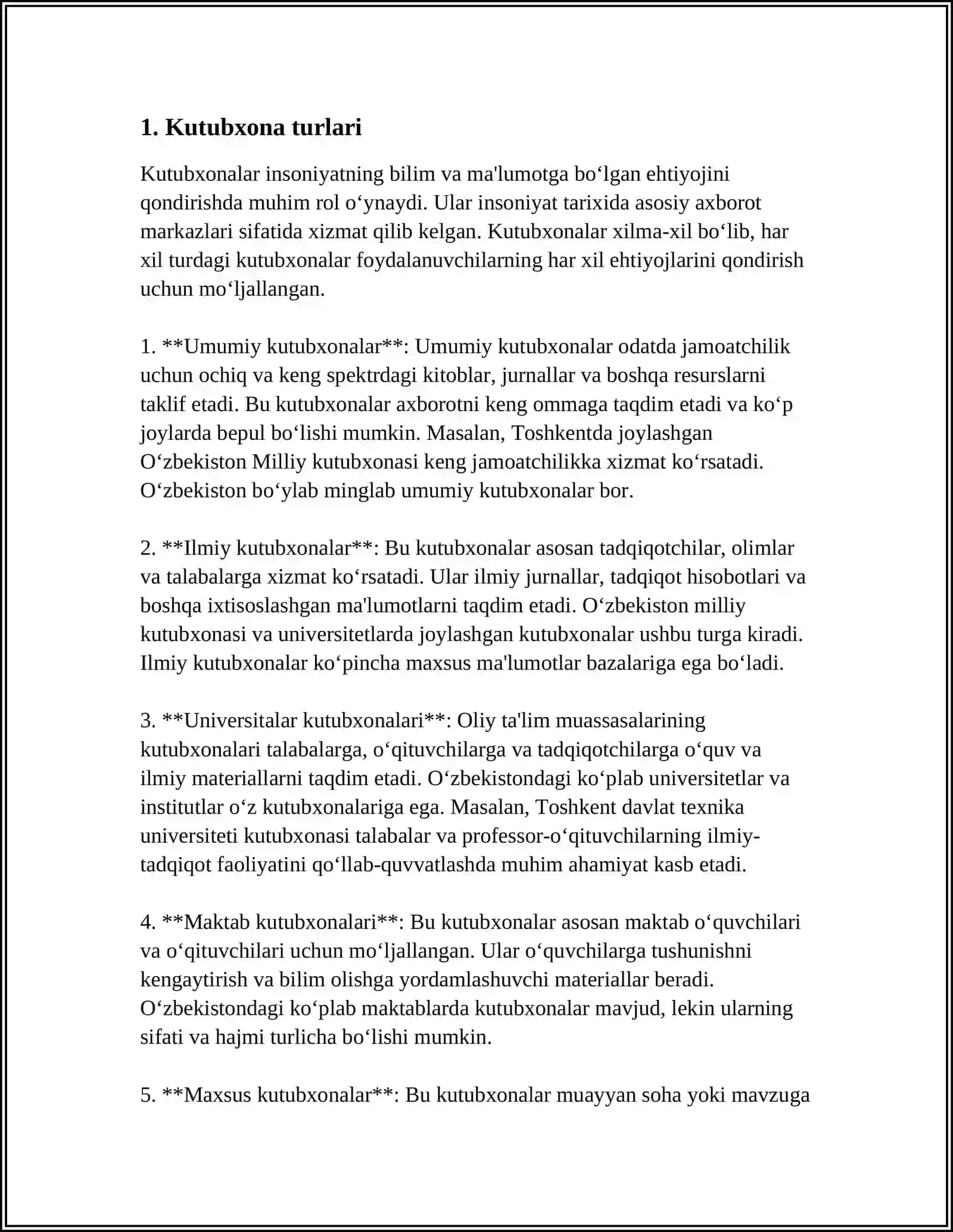 KUTUBXONA-AXBOROT MUASSASALARINING TURLARI VA ULARNING XUSUSIYATLARI 4