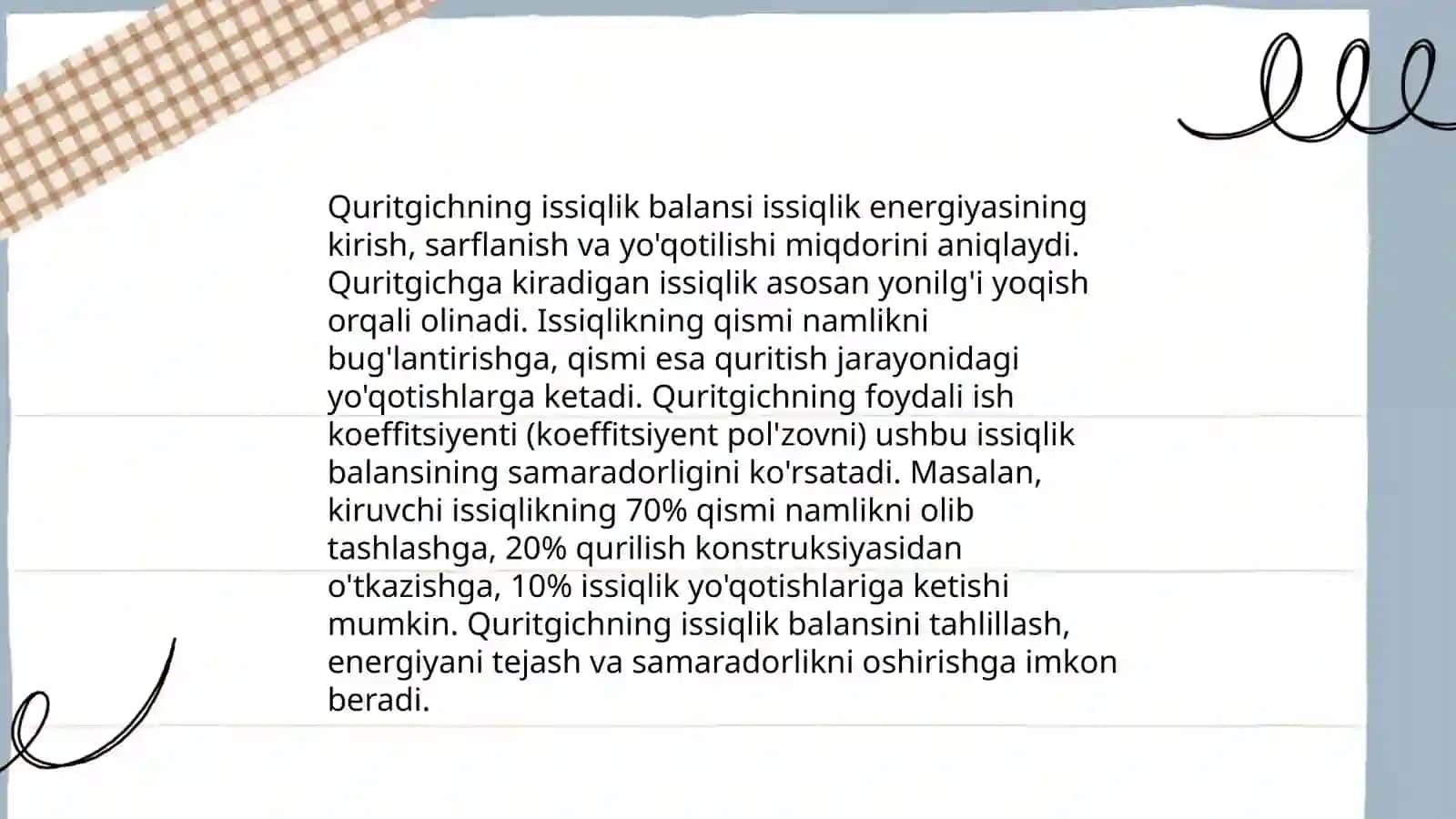 Paxta quritgichning issiqlik hisobi va material tenglamasini tuzish 4