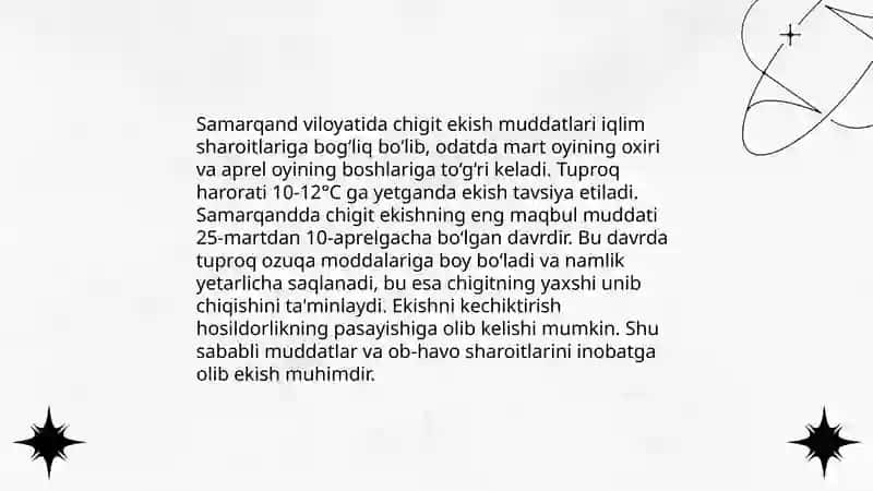 Respublikamizning har qaysi viloyati sharoitida chigit ekishning qulay muddatlari 4