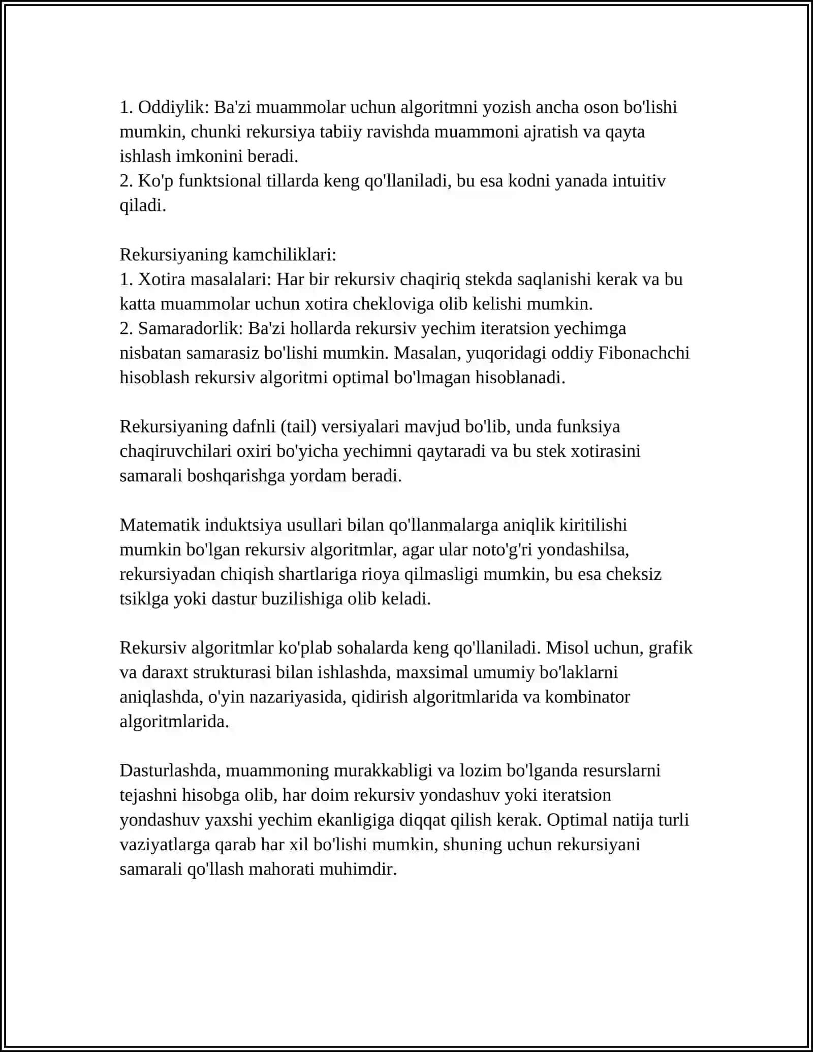 MUSTAQIL ISH Mavzu: REKURSIV JARAYONLARNI TASHKIL ETISH 4
