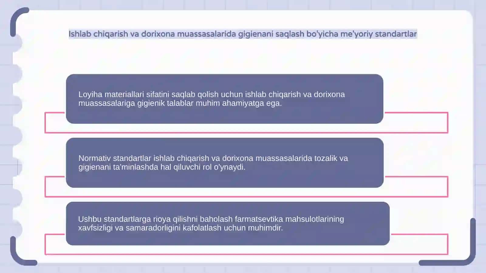 Loyiha materiallari boʻyicha ishlab chiqarish va dorixona muassasalariga boʻlgan gigenik talablar va ularni baholash 4