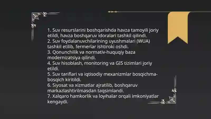 Mustaqillik yillarida Oʻzbekistonda irrigatsiya sohasida amalga oshirilayotgan islohotlar 4