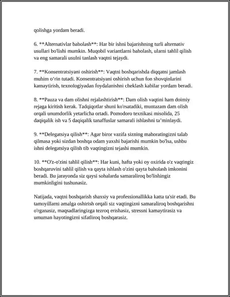 VAQTNI BOSHQARISH KO'NIKMASI VA UNI RIVOJLANTIRISH YO'LLARI 4