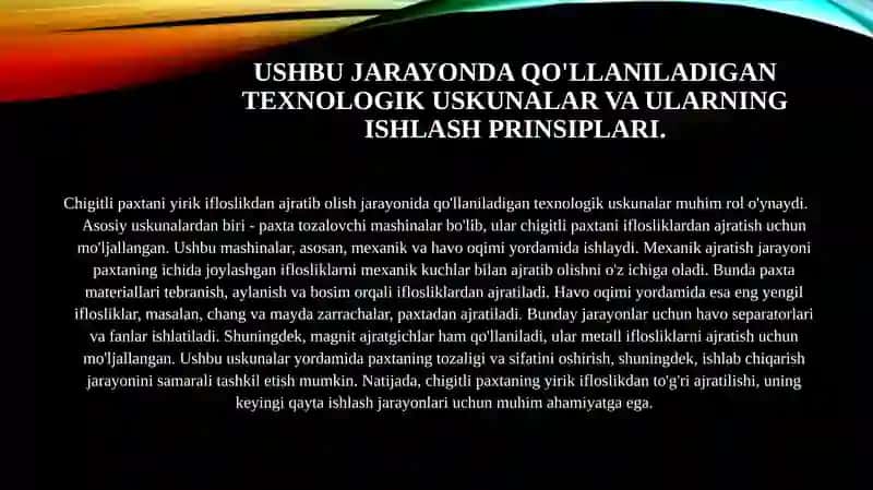 Chigitli paxtani ifloslikdan ajratib olishtexnologiyasi 4