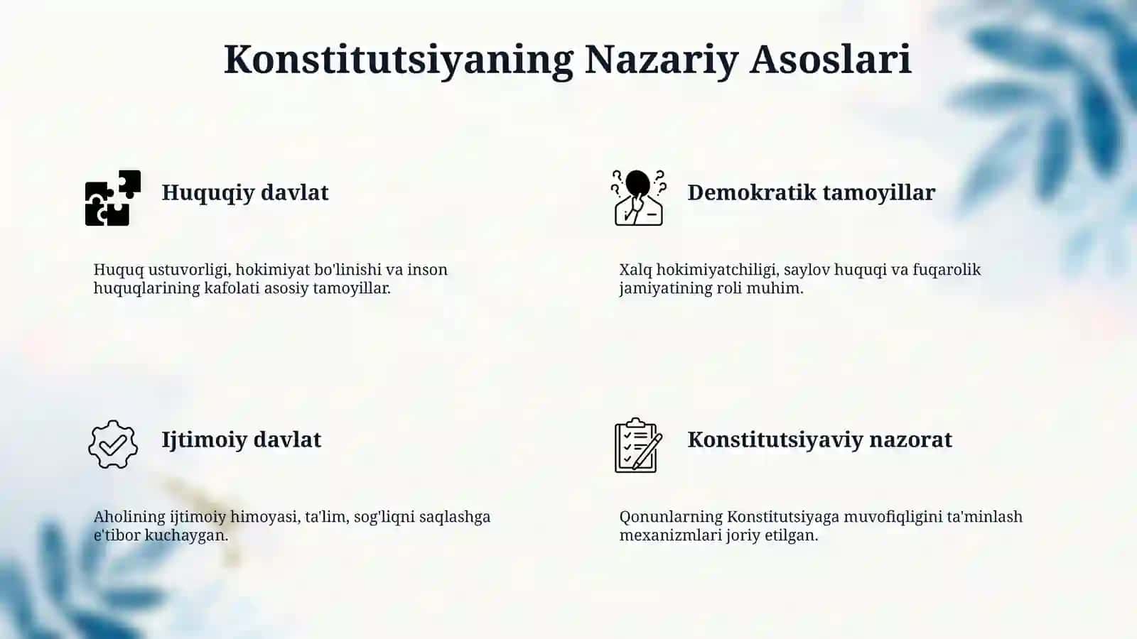 Yangi tahrirdagi ozbekiston Respublikasi konostitutsiyasi nazariy asoslari ,tarixi va rivojlanishi 4