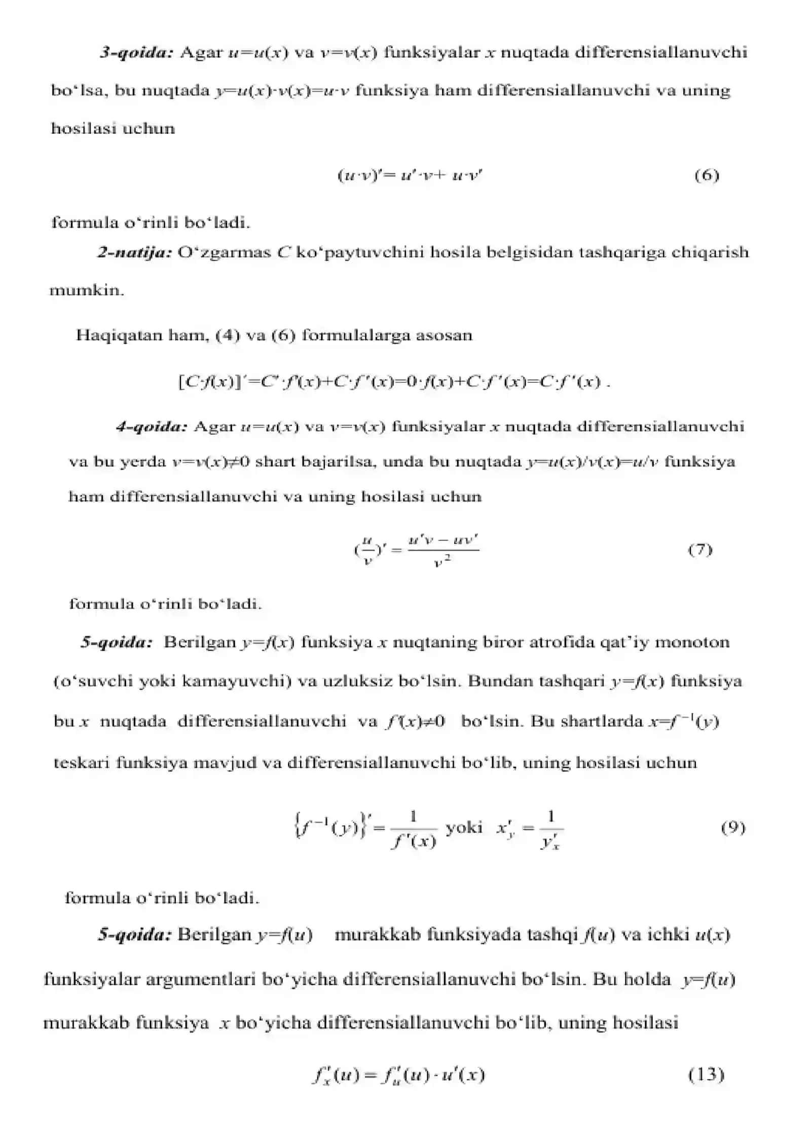Funksiyaning nuqtadagi hosilasi, hosilaning mexanik, geometrik, kimyoviy va boshqa talqinlari. Hosila olishning asosiy qoidalari. Yuqori tartibli hosila va differensiallar. Differensial hisobning asosiy teoremalari. Lopital qoidasi 4