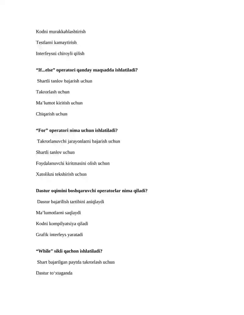 Dasturlash usullari va paradigmalar fanidan test savollari 4