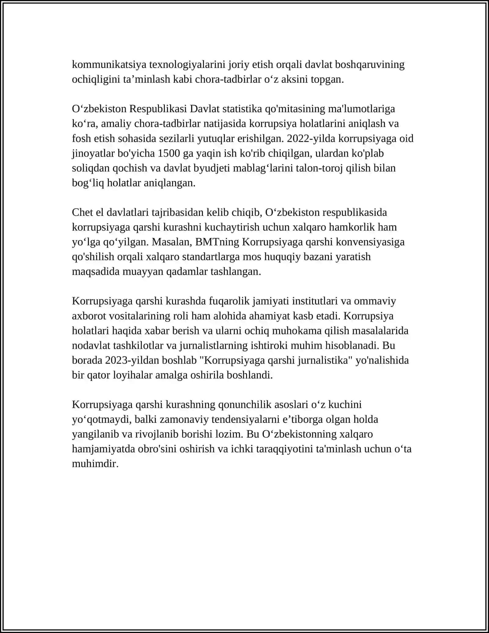 MUSTAQIL ISH Mavzu: O'ZBEKISTONDA KORRUPSIYAGA QARSHI KURASH MASALALARI 4
