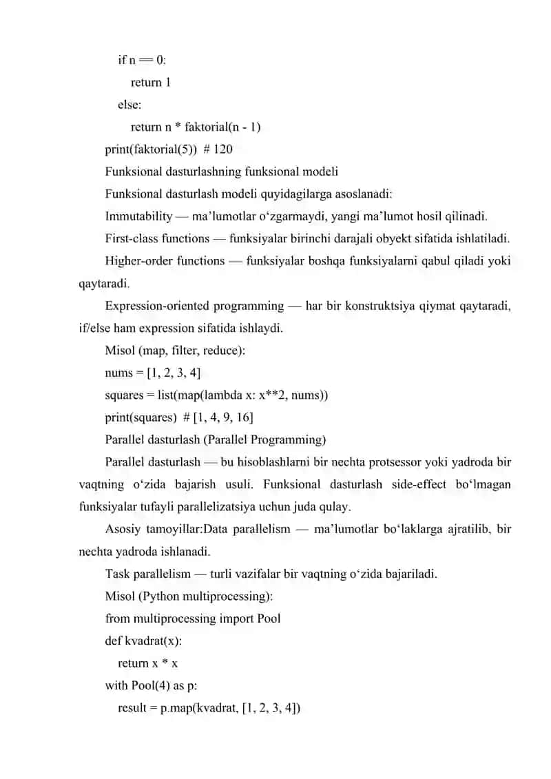 FUNKSIONAL DASTURLASH. TOZA FUNKSIYALAR. REKURSIYA. FUNKSIONAL DASTURLASHNING FUEKSIONAL MODELI. PARALLEL DASTURLASH 4