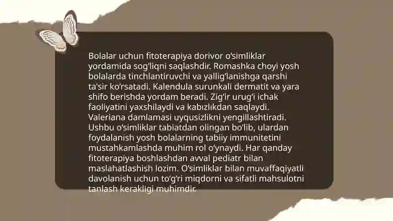 Xalq tabobatini pediatriya soxasidagi asosiy konsepsiyalarning axamiyati (fitoterapiya, manual terapiya, dietoterapiya, igna bilan davolash va boshqa noan’anaviy davolash usullarining nazariy va amaliy aspektlariga). 4