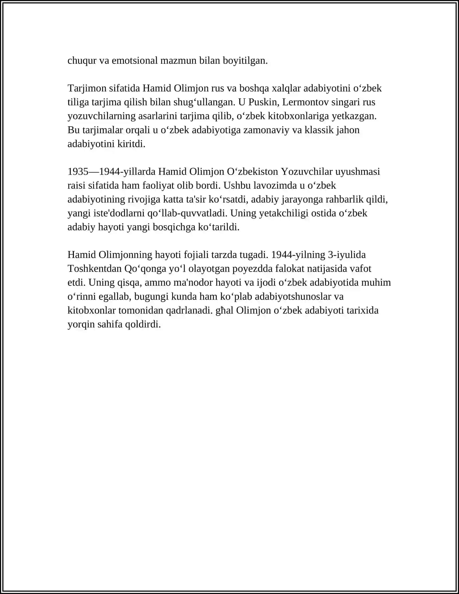 MUSTAQIL ISH Mavzu: HAMID OLIMJON IJODINING ADABIYOTSHUNOSLIKDAGI TALQINI 4