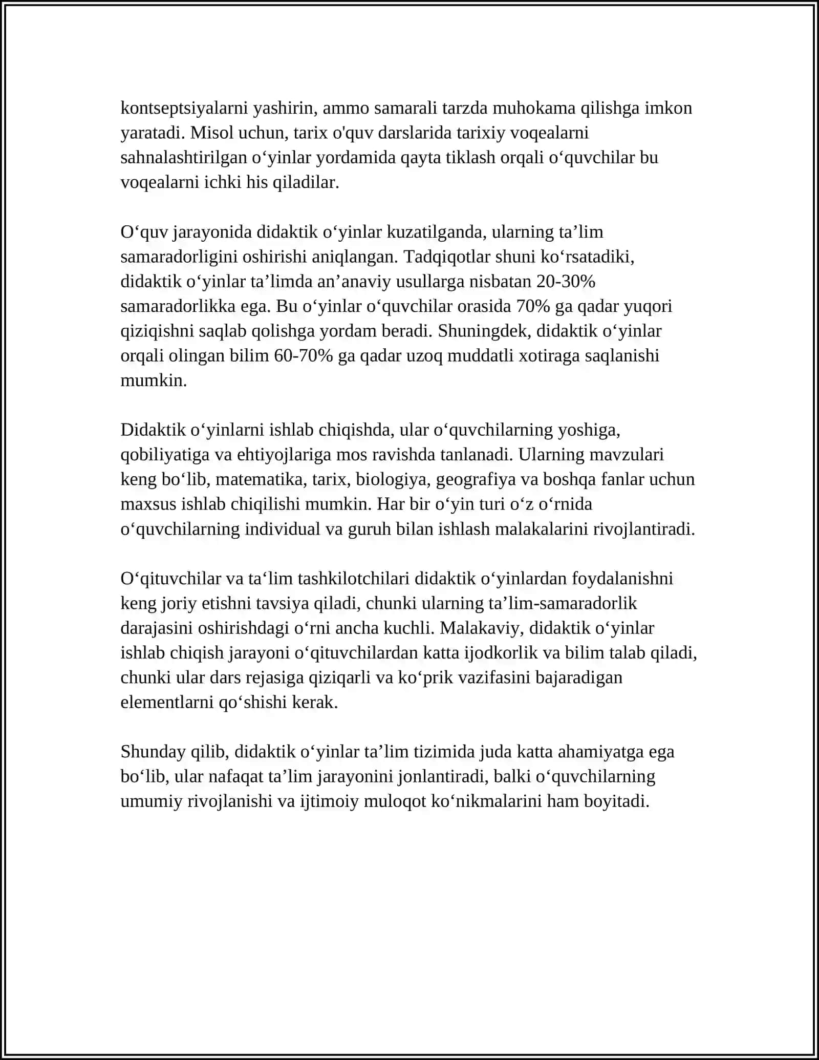 SINFDAN TASHQARI MASHGʻULOTLARDA DIDAKTIK OʻYINLARNING AHAMIYATI, MAZMUNI ULARDAN FOYDALANISH (3-SINF MISOLIDA) 4