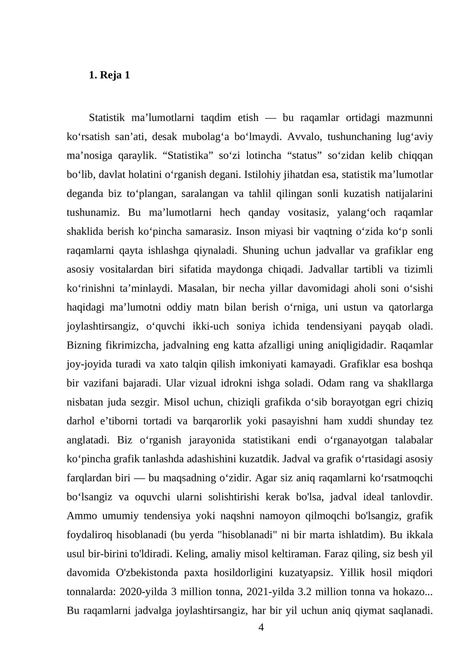 Statistik ma’lumotlarni taqdim etish usullari. Jadvallar va grafiklar 4