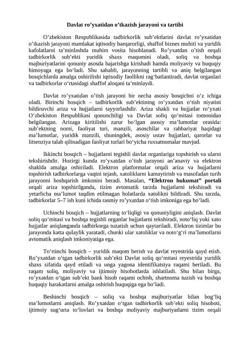 O’zbekistonda tadbirkorlik sub’ektlarini davlat ro’yxatidan o’tkazish amaliyotining ijobiy va muammoli jihatlari 4