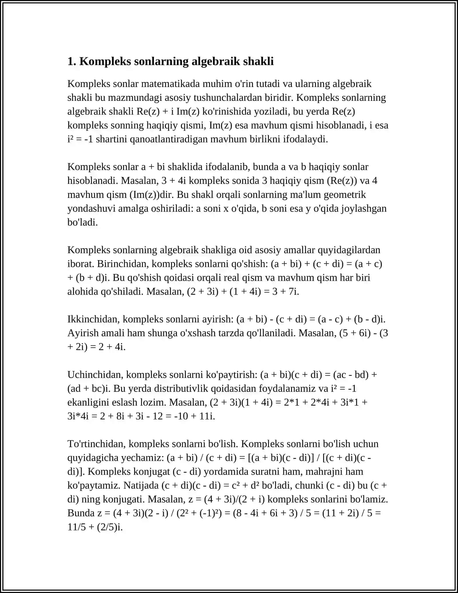 ALGEBRAIK SHAKLDA BERILGAN KOMPLEKS SONDAN ILDIZ CHIQARISH 4