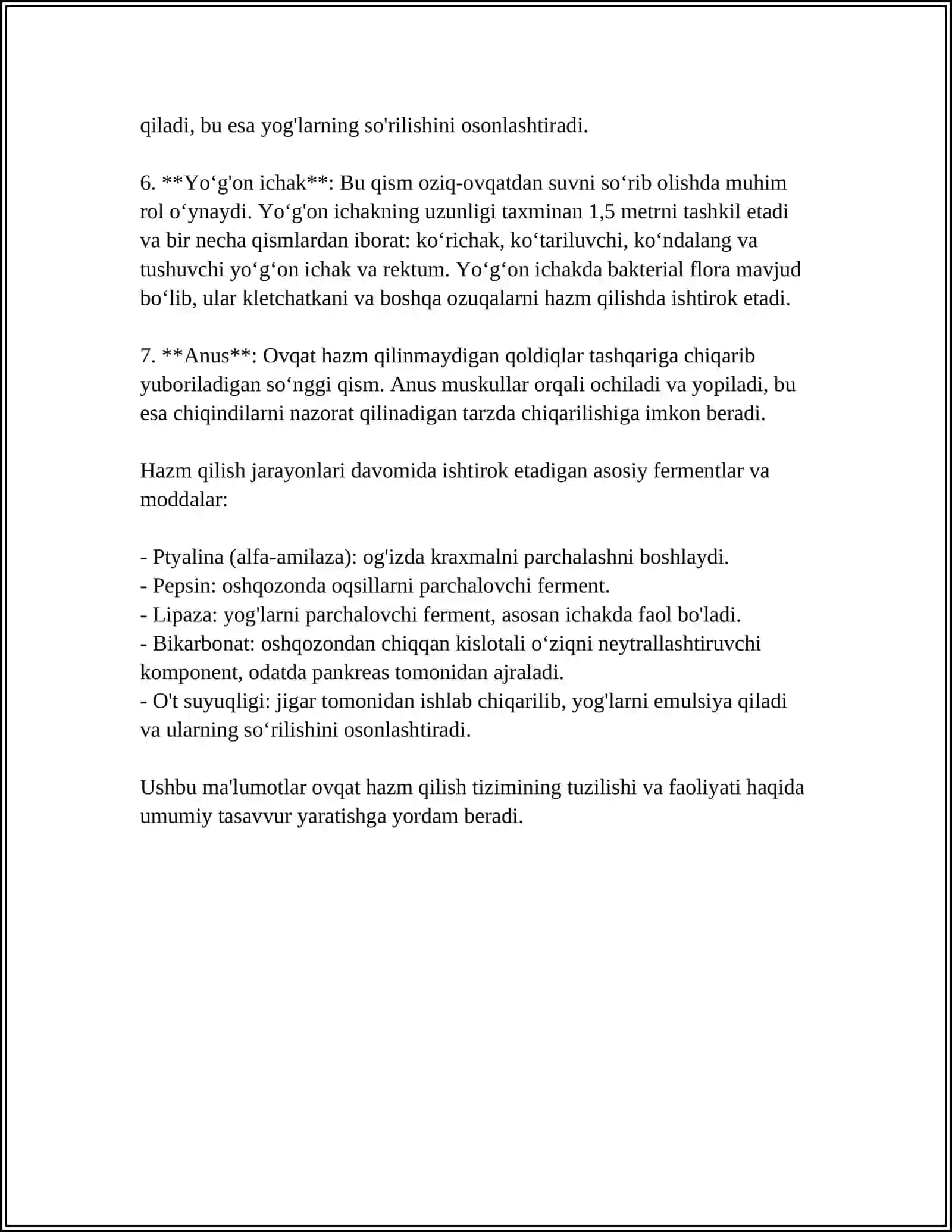 ODAM VA HAYVON INGICHKA VA YO'G'ON ICHAGIDA OVQAT HAZM BO'LISHINI O'ZIGA XOSLIGI 4