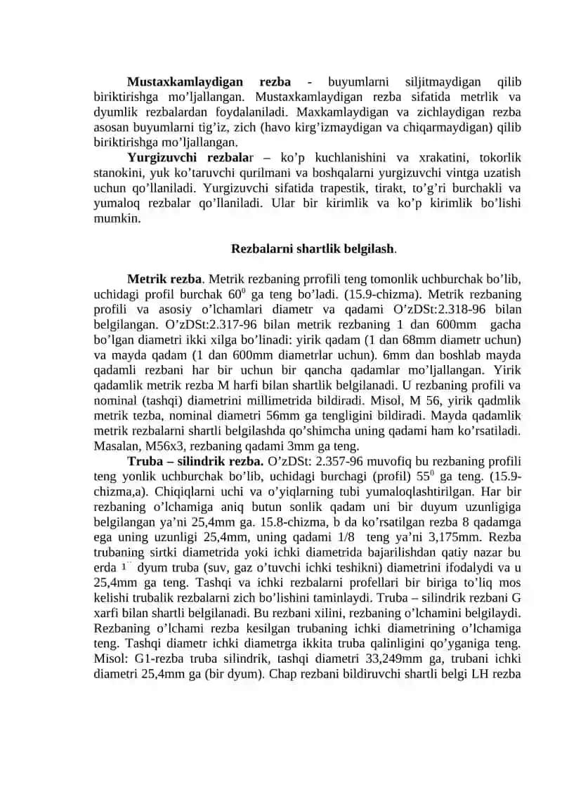 Rezbalarni chizmalarda  tasvirlanshi va belgilanishi O’z.DST 2.311-97.Standart biriktirish detallari. Rezbali detallar chizish.Chizmada tasvirlash va belgilash 4