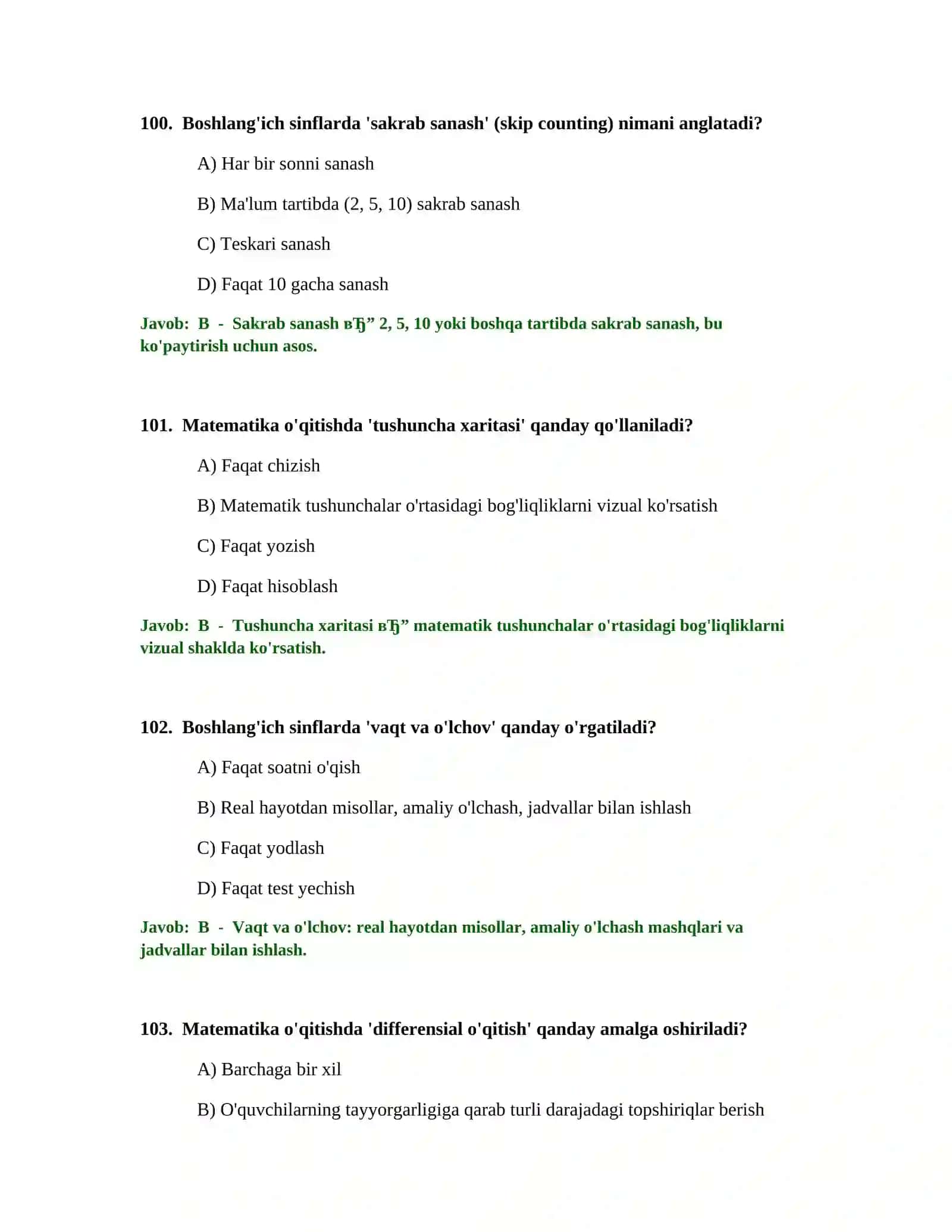 BOSHLANG'ICH TA'LIM O'QITUVCHISI TEST SINOVLARI 4