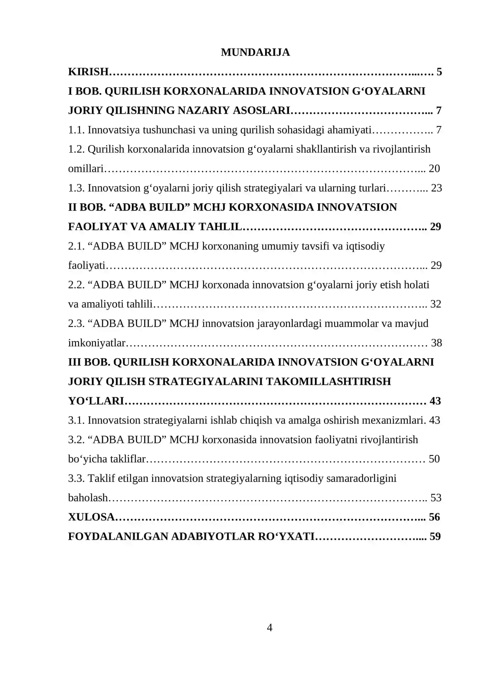 Qurilish korxonalarida innavatsion g'oyalarni joriy qilish strategiyalarini ishlab chiqarish ("ADBA BUILD" MCHJ korxonasi misolida) 4