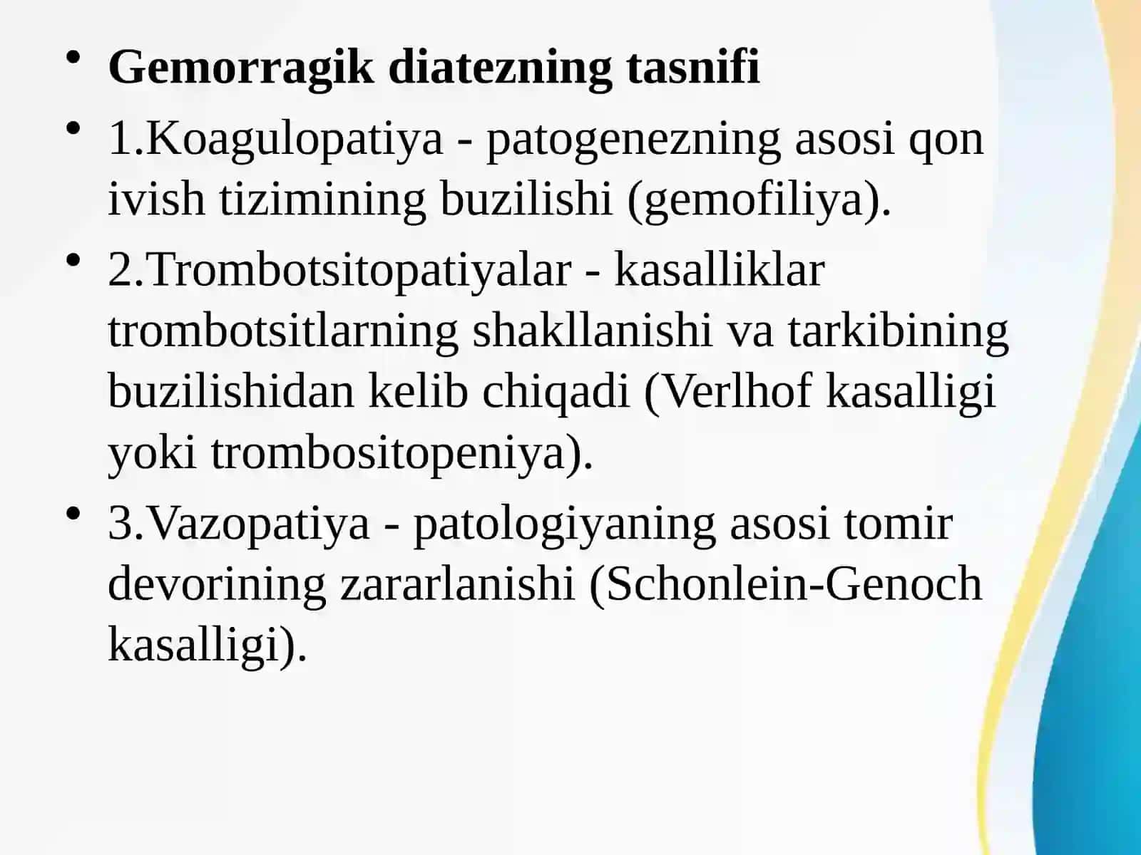 Gemorragik sindrom. Massiv qon yo’qotish. Gomologik qon, DVS sindromi klinikasi, diagnostikasi. Tez tibbiy yordam ko’rsatish usullari. UASH taktikasi. 4