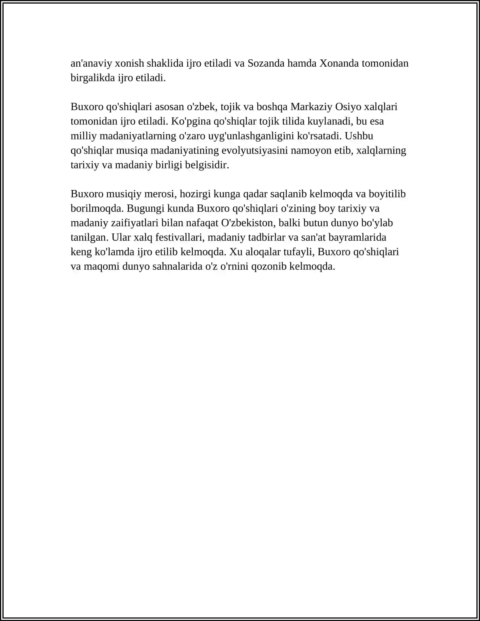 BUXORA QO'SHIQLARI TARIXI VA RIVOJLANISHI.SAMARQAND QO'SHIQCHLIGI VA FOLKLORI 4