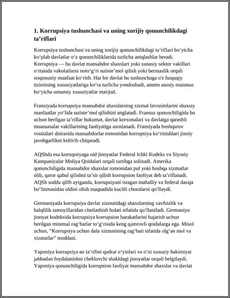 AYRIM XORIJIY MAMLAKATLAR QONUNCHILIGIDA KORRUPSIYAGA OID QILMISHLAR UCHUN JINOIY JAVOBGARLIK MASALALARINING TAHLILI BOYICHA GLOSSARIY TAYYORLASH 4