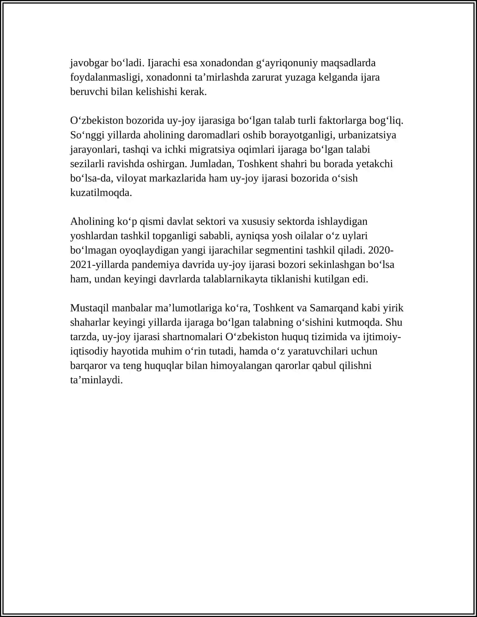 O'ZBEKISTON RESPUBLIKASI FUQAROLIK KODEKSI BO'YICHA UY-JOY IJARASI SHARTNOMASI 4