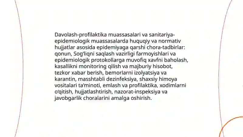 Davolash profilaktik muassasalari va sanitariya epidemiologik muassasalarida epidemiyaga qarshi ishlarni tashkillashtirish xususiyatlari 4