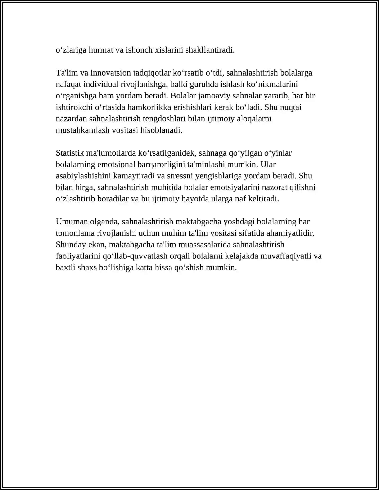 MAKTABGACHA TA'LIMDA SAHNALASHTIRISH VA IJODIY FAOLIYATGA O'RGATISH FANING YOSH AVLODGA BARKAMOL INSON QILIB TARBIYALASHDAGI O'RNI 4