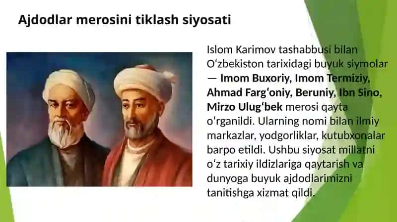 O‘zbekiston Respublikasining Birinchi Prezidenti Islom Karimovning ajdodlar merosi va milliy qadriyatlarni tiklash borasidagi xizmati 4