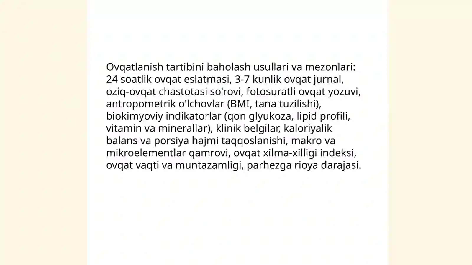 Oqilona ovqatlanish va uning tartibi haqida ularni tekshirish va baholash 4