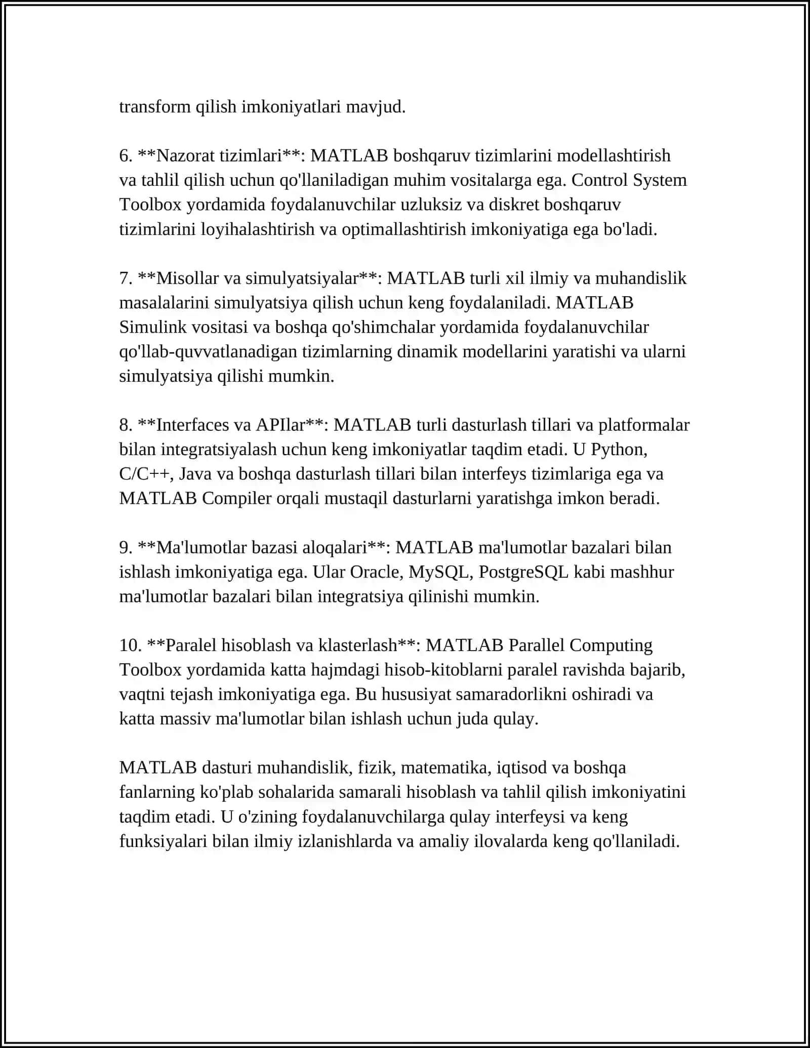 MATLAB DASTURI HAQIDA MALUMOTLAR 4