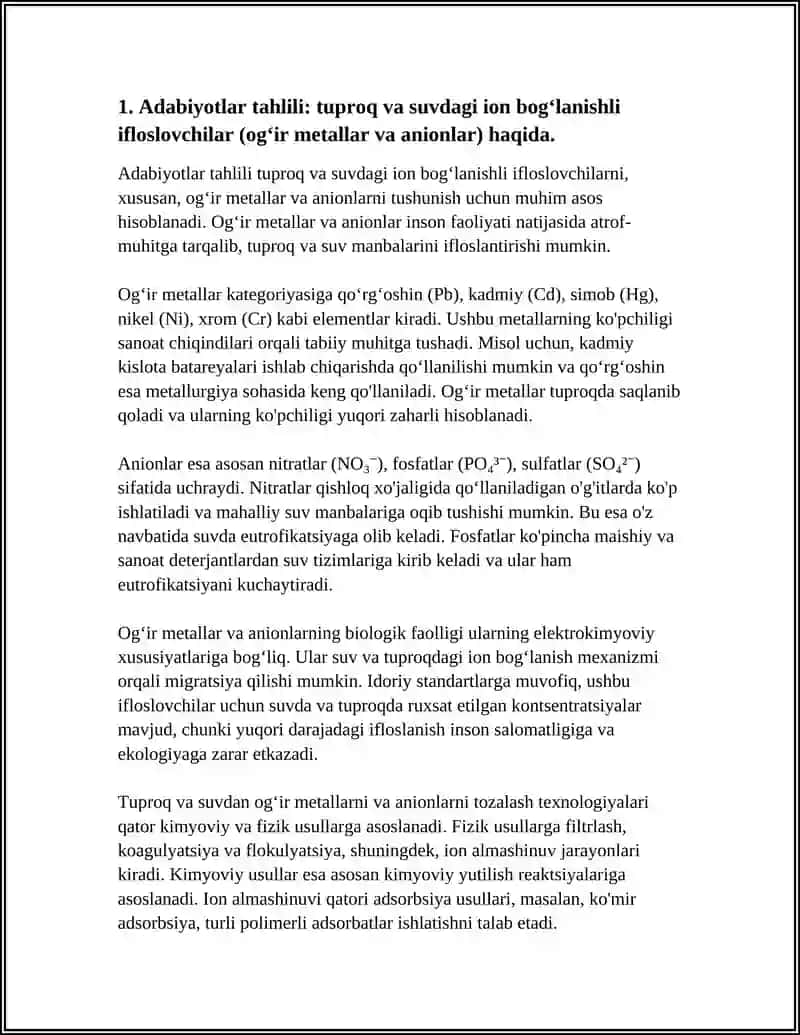 Adabiyotlar tahlili: tuproq va suvdagi ion bogʻlanishli ifloslovchilar (ogʻir metallar va anionlar) haqida 4