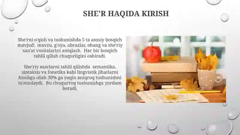 She'riy asarlarni oʻqitish boʻyicha bir soatlik dars ishlanmasi tuzish 4