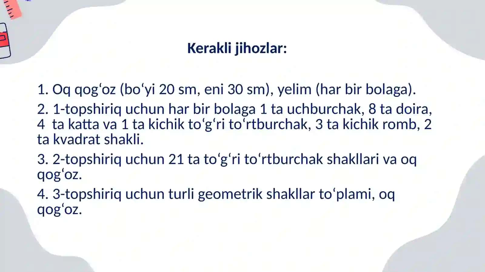 Maxsus shakllar to‘plamidan foydalanib, namunadagi narsalarni hosil qilishga o‘rgatish. dars ishlanmasi 4