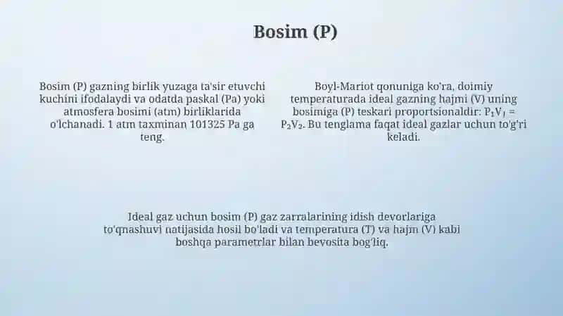 Ideal gazlar va ularning asosiy parametrlari. Ideal gazning holat tenglamasi 4