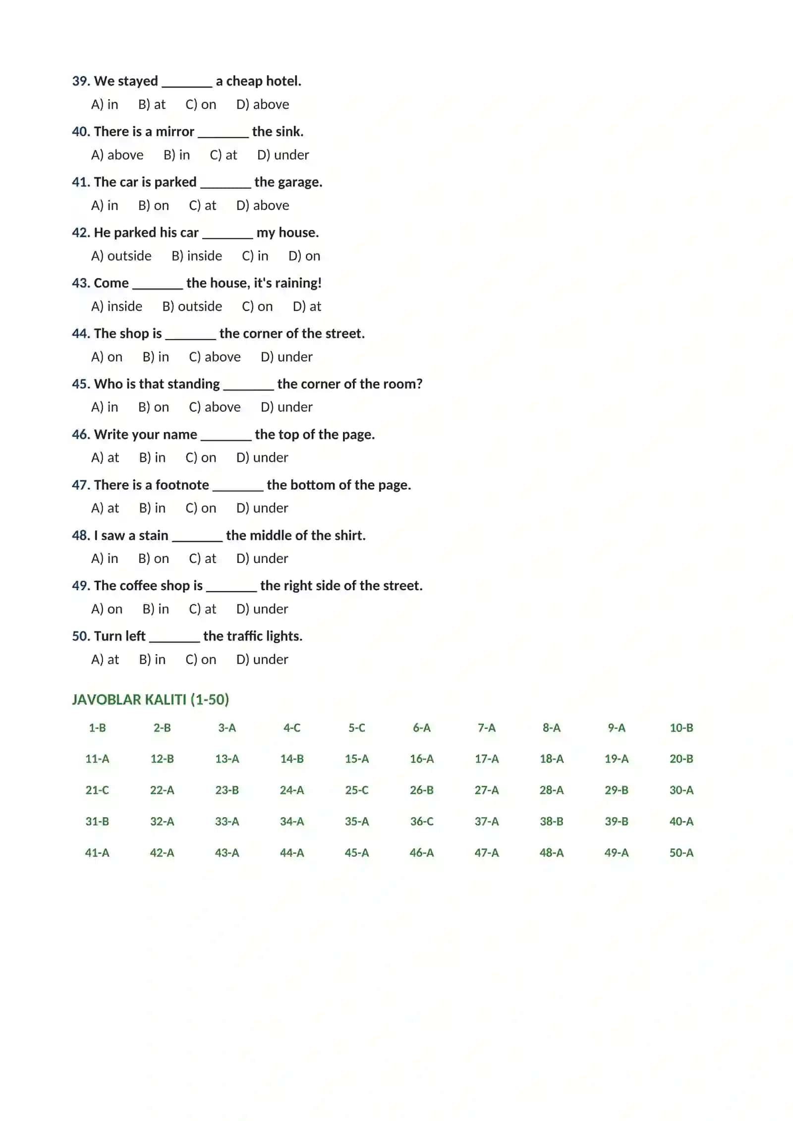 PREPOSITIONS OF PLACE: 100 TA TEST TOPSHIRIQLARI .O'rin-joy predloglariga oid 100 ta test 4